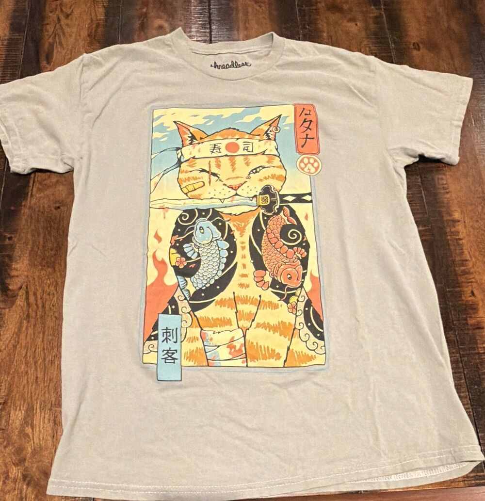 Threadless Samurai Cat Graphic T-Shirt Japanese Koi Fish Tattoo Style Tee Small